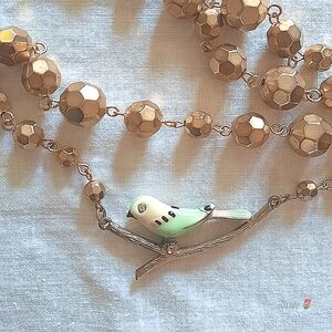 Bluebird on Branch Pendant Gold Tone Bead Necklace